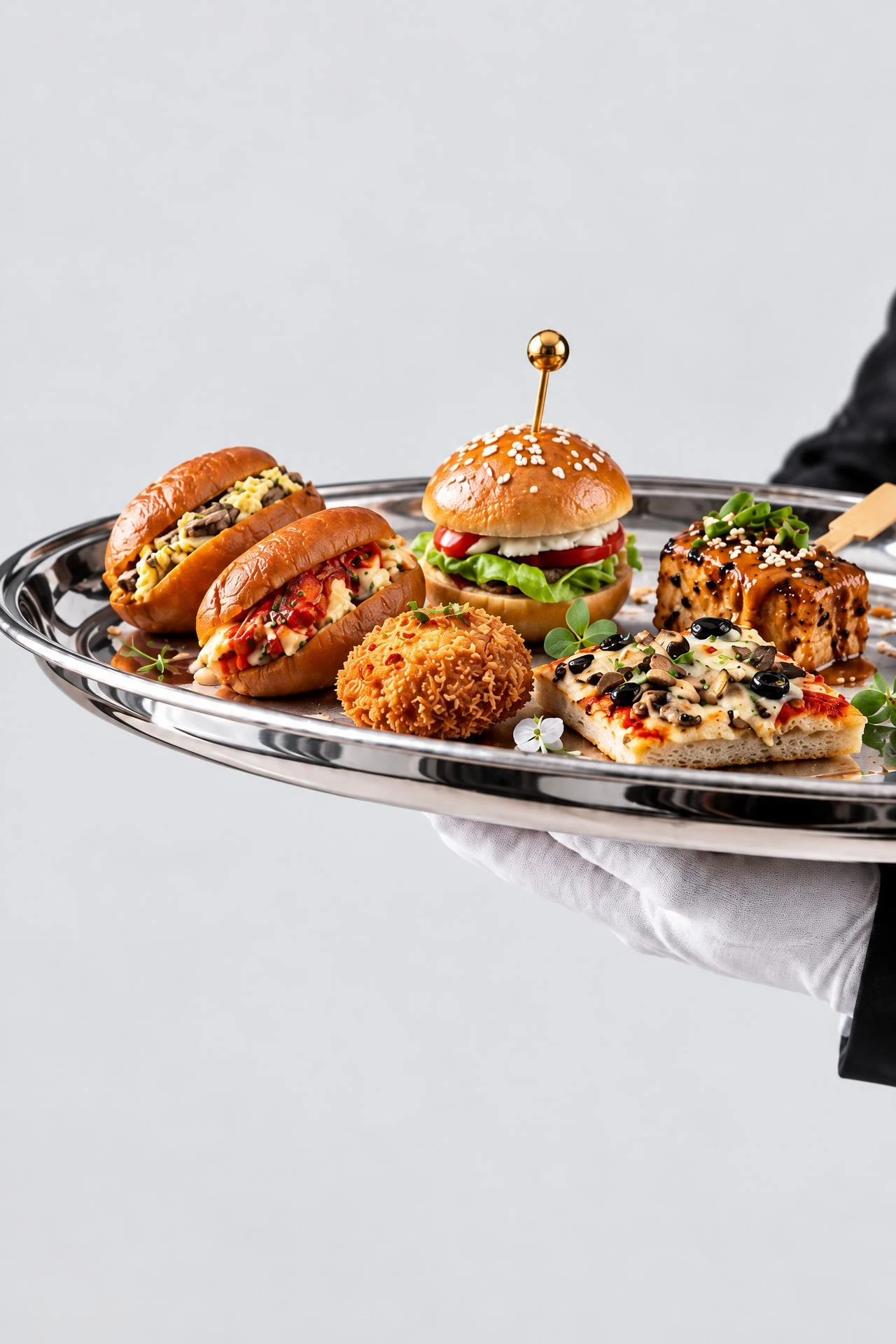 Nampan perak berisi mini burger, roti isi, potato cheese ball, dan mini pizza